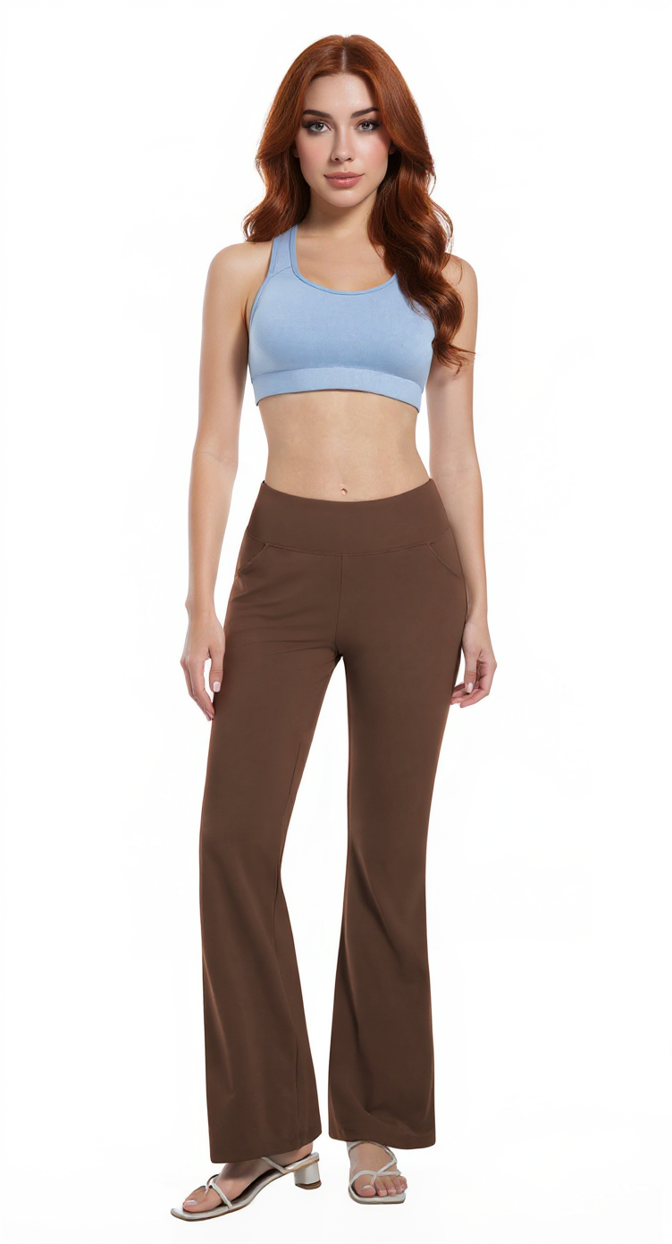 Bootcut Yoga Pants in Dark Coffee, flared hem sitting over shoe